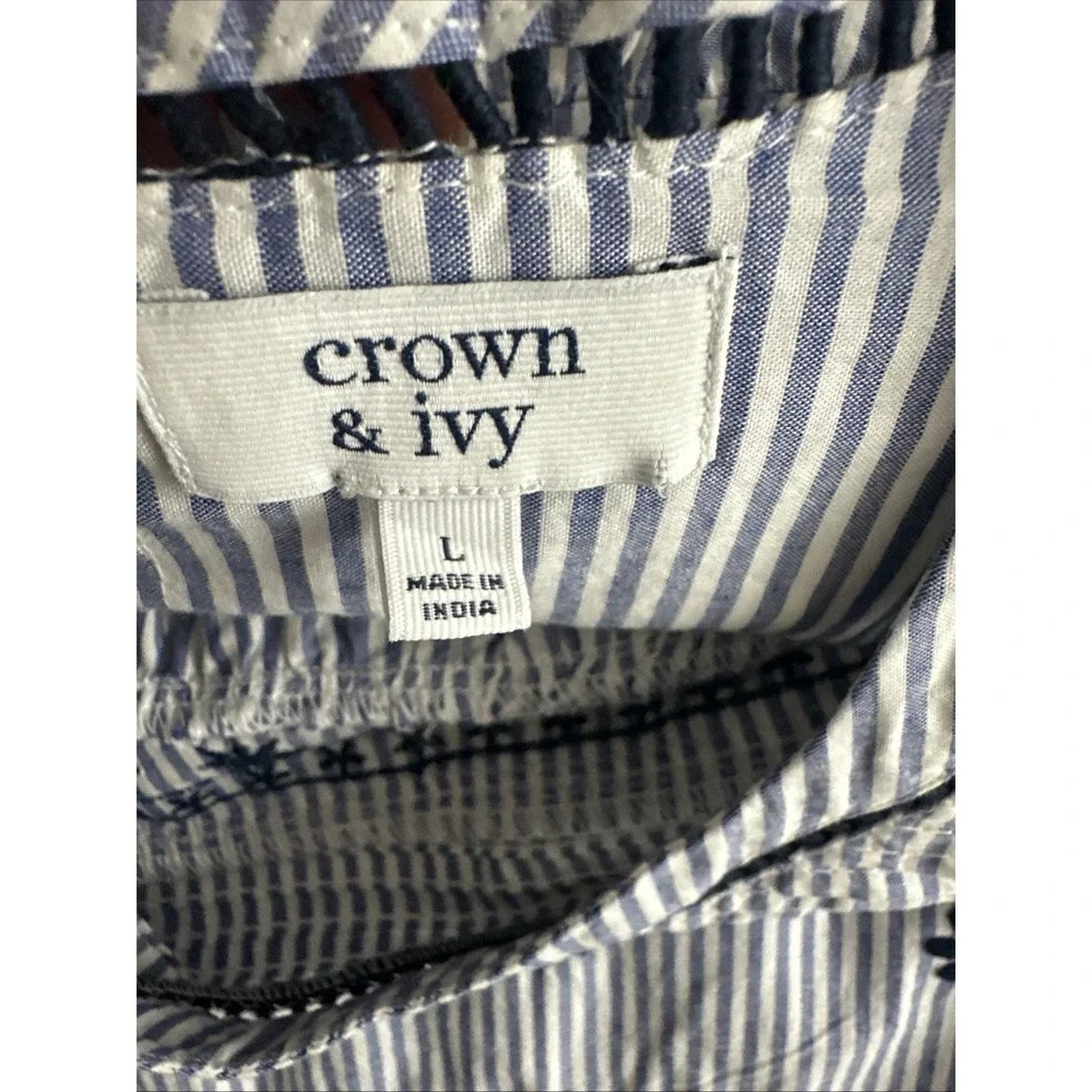 Crown & Ivy Large Womens Top Peasant 3/4 Sleeve Blue Stripe Embroidered Boho - Picture 7 of 16